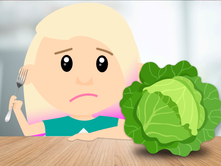 cartoon image: A cabbage on a table in front of a blonde lady, holding a fork, looking sad about her diet.