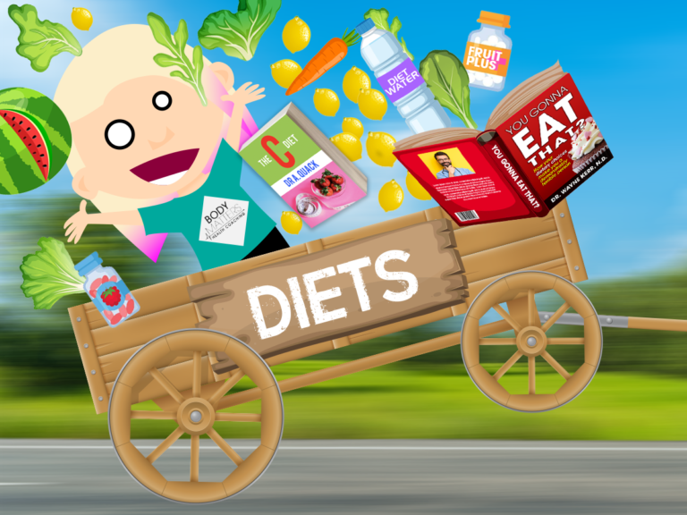 A cartoon character on a wagon full of food, but the "diets" wagon topples over, sending diet books, supplements, and more flying!
