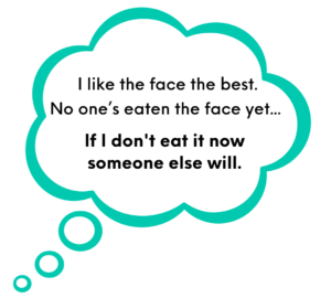 resisting tempting food- A thought bubble containing the text: I like the face best. No one's eaten the face yet... if I don't eat it now someone else will
