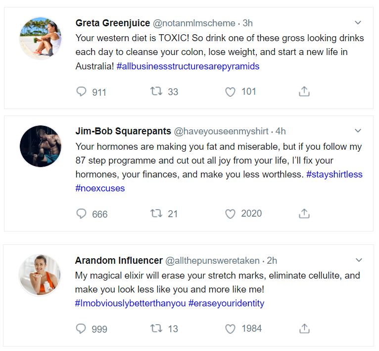 A satirical image of social media posts from health, fitness and wellness influencers- to demonstrate the challenges of knowing how to achieve your new year goals