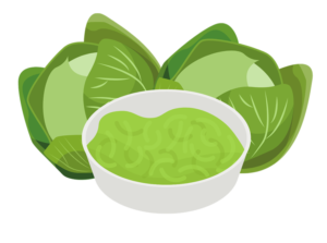 cartoon image of two cabbages and a bowl of cabbage soup