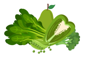 green foods: a pepper, pak choi, peas, broccoli