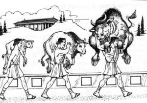 3 images of milo of croton: In image 1 he carries a calf, in image two a juvenile cow, in image 3 a fully grown bull