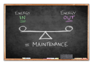 A diagram of scales depicting energy balance for weight maintenance: On the left, energy in and on the right energy out. The scale is level (balanced)