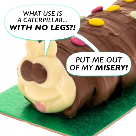 Food Noise- A chocolate caterpillar saying: What use is a caterpillar with no legs? Put me out of my misery!